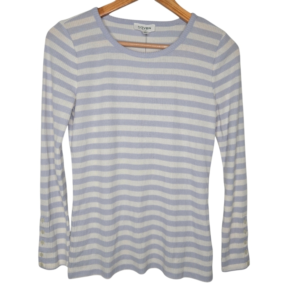 Haven Womens Blue Striped Soft Touch Rib Button Sleeve Top Small P